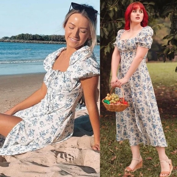 Floral Print White Flared Dress Puff Short Sleeve Leg Slit - Picture 13 of 16